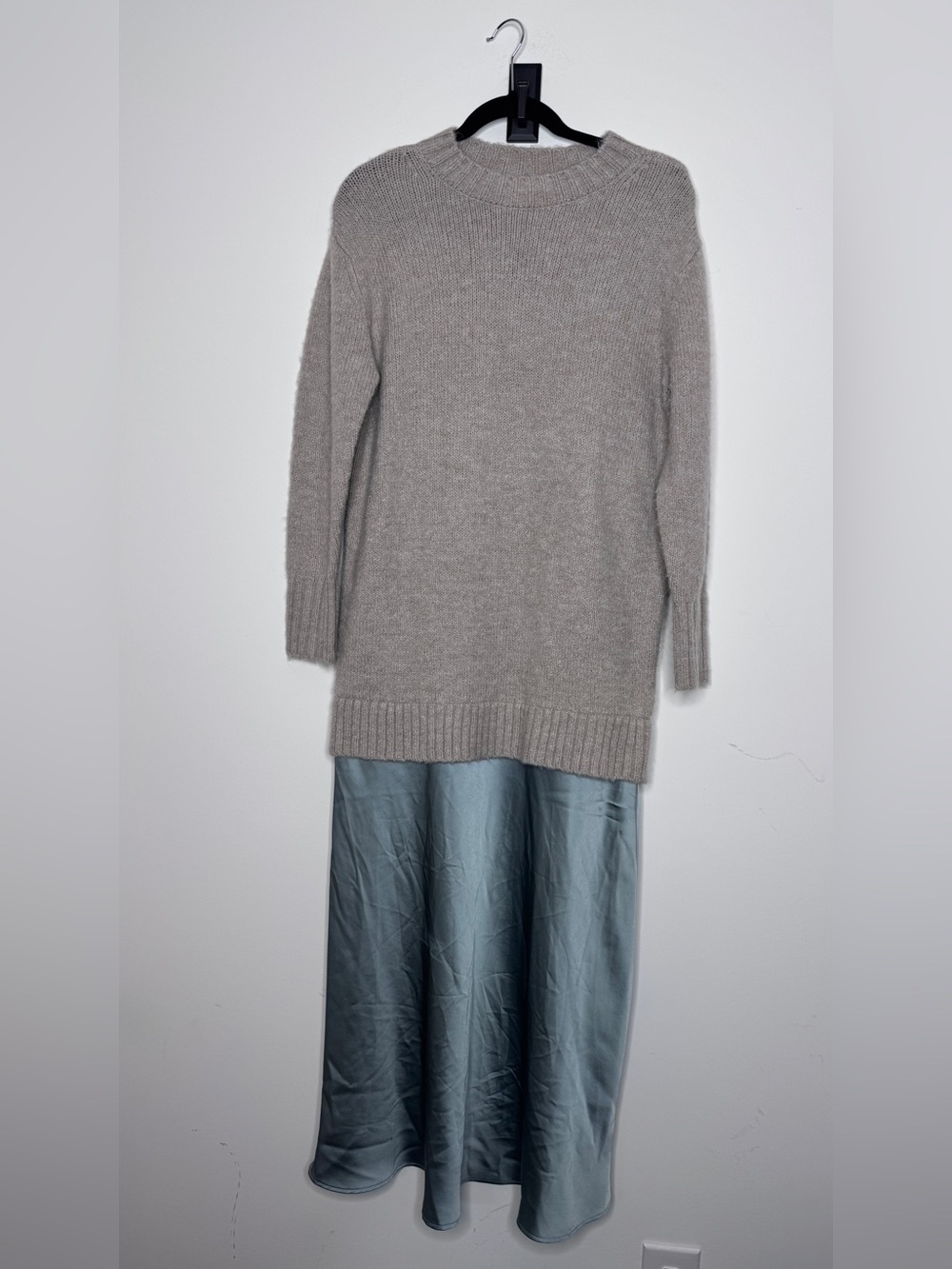 Anthropologie Twofer Light Gray Knit Sweater with Slate Blue Slip Maxi Dress XSP - Picture 3 of 9